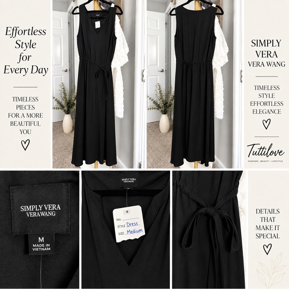 Simply Vera Vera Wang Black Sleeveless V-Neck Tie-Waist Midi Dress
